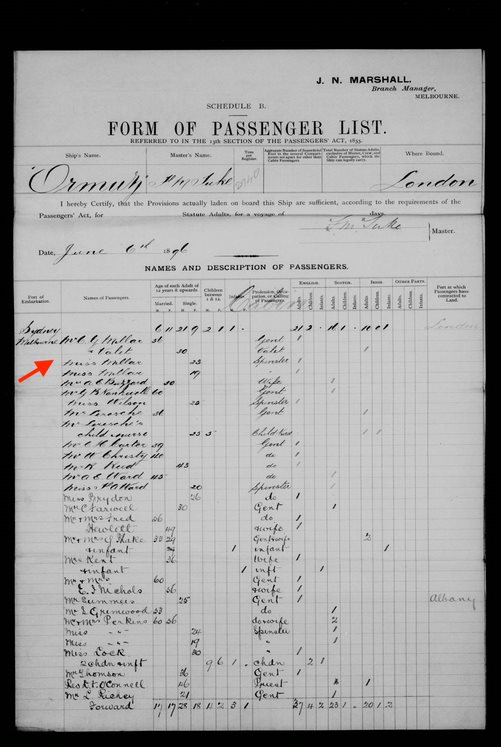 Passengers on “Ormuz” Melbourne to London 1896